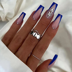 Cool, Sea-Blue Triangular French-Style Long Ballet-Shape Stacked Rhinestone Fake Nails—Elegant European & American Instagram-Worthy Chic Girl-Friendly Finished Nail Tips