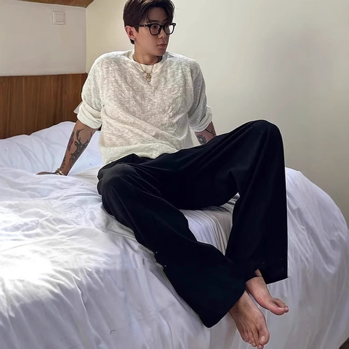 Direct Factory Supply 'Shrimp Line Single Fold Wide Comfort Drape' Contrast Color Stretch Waist Casual Pants Men Thick Loose Western Trousers