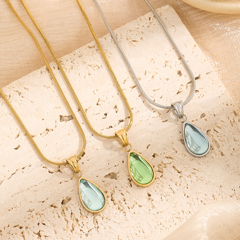 French Style Light Luxury Clear Green Water Drops Blue Marine Titanium Steel Necklace Jewelry Women's Retro Mermaid Tears Clavicle Chain