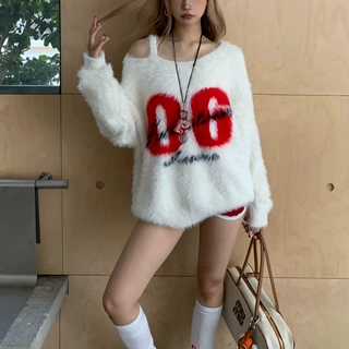 美式辣妹2025新款秋冬水貂绒毛衣女宽松外穿斜肩慵懒风针织衫上衣