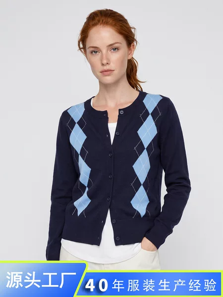 Machine Washable British Country Style Academy-Style Sweater Cardigan with Contrasting Color Diamond Pattern Intarsia Wool Knitwear for Women 2026 Early Spring