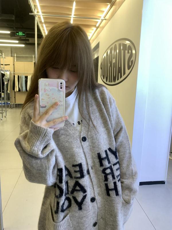 美式复古V领针织开衫外套女秋冬休闲宽松慵懒风毛衣外套早秋穿搭|undefined