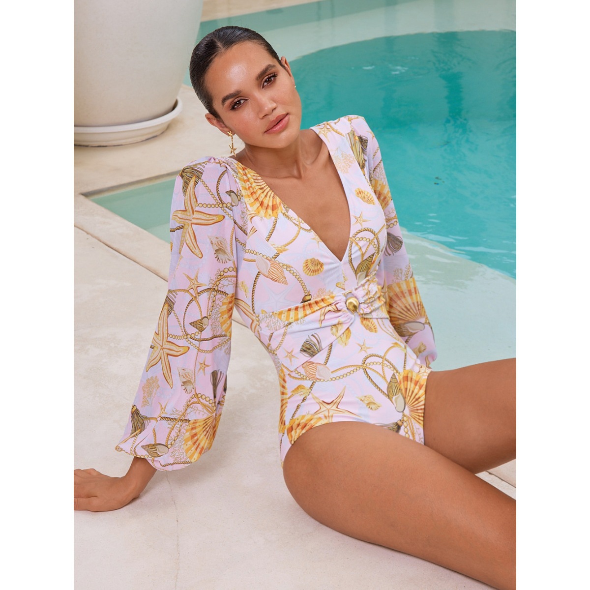 Women's Long-Sleeve Shell Print Swimsuit – UPF 50+ Rash Guard With Built-in Bra, Quick-Dry Nylon Blend For Beach & Pool_voghion.com