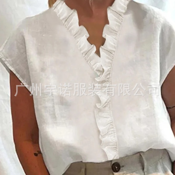 Amazon deseo AliExpress 2023 nuevas mujeres europeas y americanas de algodón y lino encaje costura manga corta Camisa casual