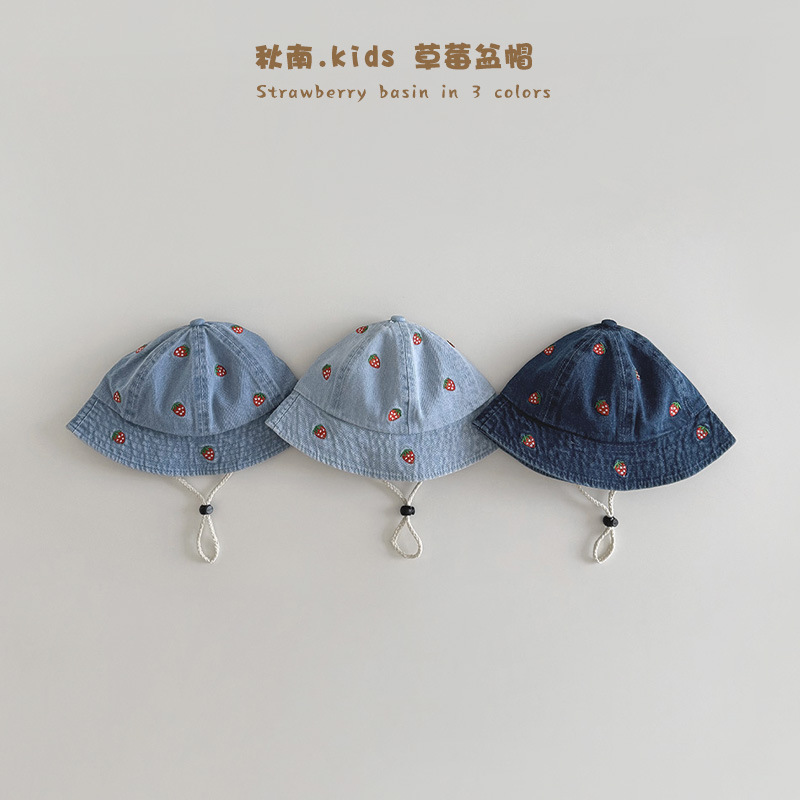 秋南 宝宝帽子春秋新款草莓牛仔盆帽男童女童时尚遮阳防晒渔夫帽|undefined