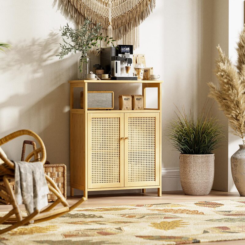 Rattan Bathroom Storage Cabinet, Bamboo Floor Cabinet, Double-Door Open Shelving Unit, Freestanding Cabinet Rattan Bathroom Storage Cabinet, Bamboo Floor Cabinet, Double-Door Open Shelving Unit, Freestanding Cabinet