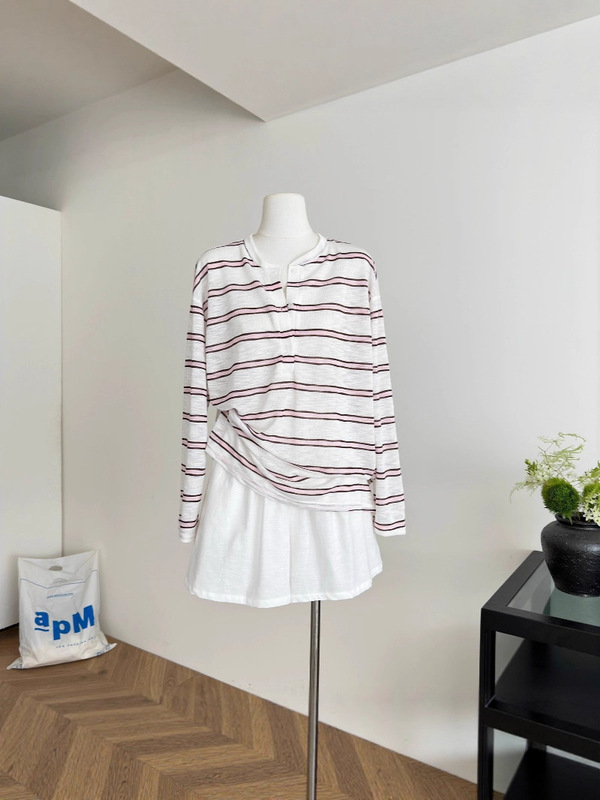 夏のリラックスしたルーズレイジーストライプ長袖日焼け止め服ハーフオープンカラーカジュアルトップ女性の快適な大きいバージョン Tシャツ|undefined