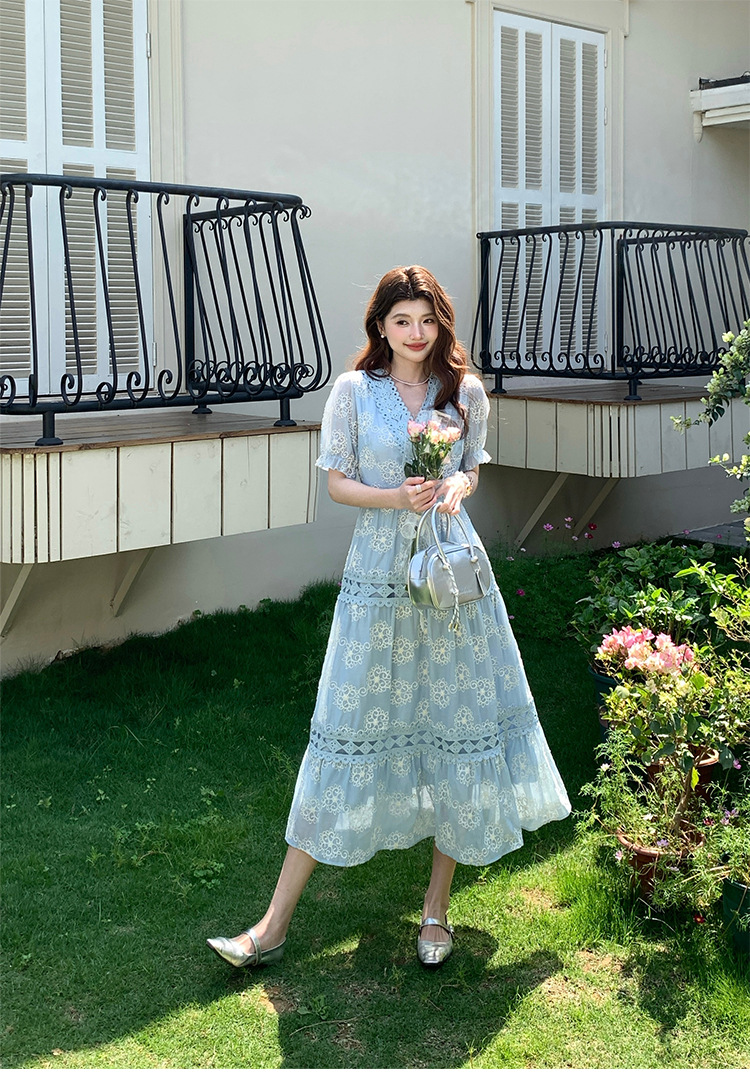 Đầm maxi nữ tay bồng ren hoa V cut-out phong cách Pháp cung đình — xanh lam, màu hồng, màu mơ chi tiết 30