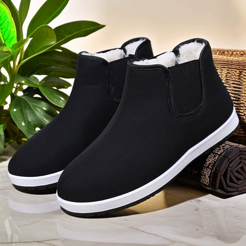 Старая пекинская обувь из ткани мужская зимняя толстая овечья шерсть водонепроницаемая и нескользкая повседневная хлопковая обувь среднего и пожилого возраста