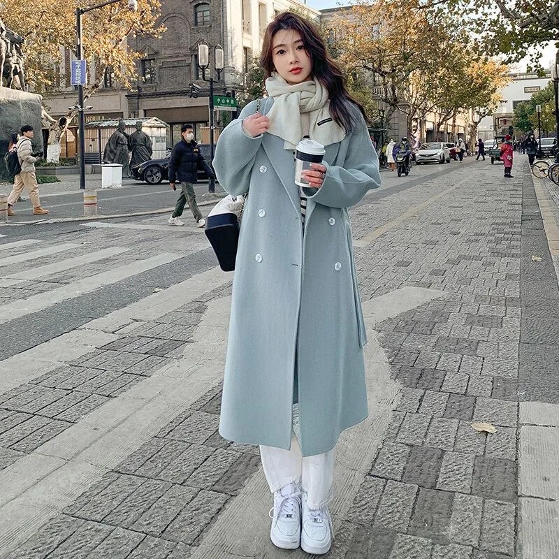 Blue Korean Style Commuter Woolen Outwear 2024 Autumn and Winter New Korean Style Loose Mid-Length Lace-Up Woolen Outwear for Women