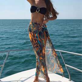 亚马逊外贸分体泳衣女性感比基尼印花大开叉罩裙三件套欧美泳装女