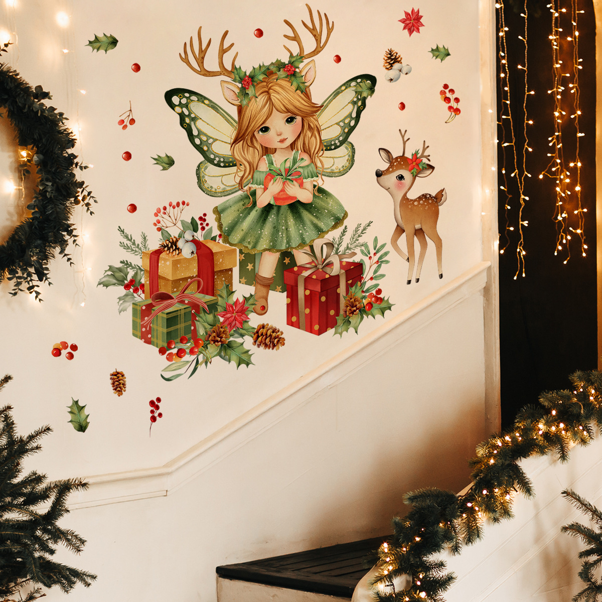 Decoratieve kerst elf geschenkdoos muursticker woonkamer_voghion.com