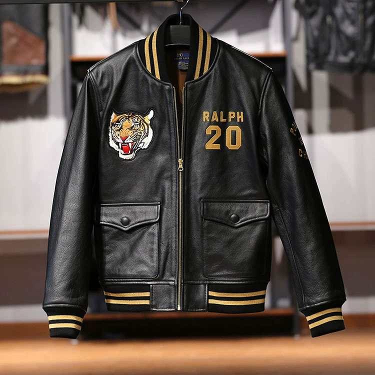 Baseball uniform, leather jacket, genuine leather, with embroidery
