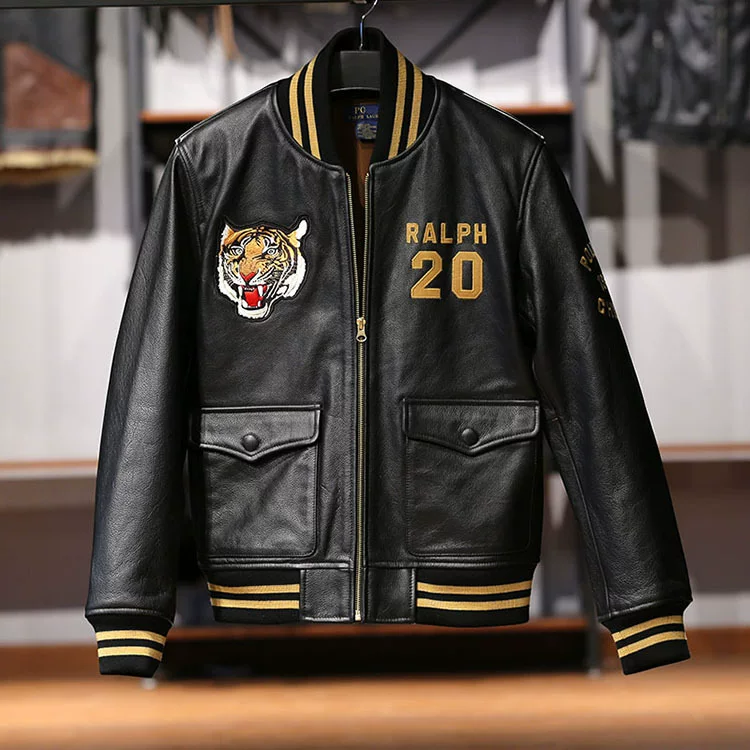 Baseball uniform, leather jacket, genuine leather, with embroidery