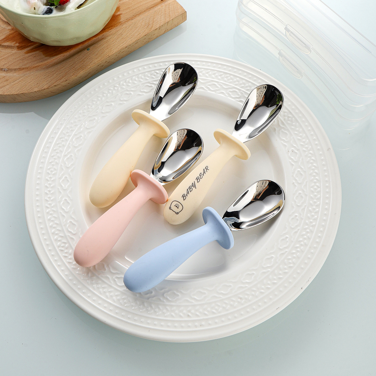 Cross-Border Silicone Handle Kidsren's Ingot Spoon 316 Stainless Steel Spoon Eating Spoon Toddler Independent Feeding Spoon