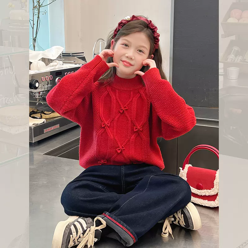 加厚女童高领新年红毛衣大童装洋气针织衫儿童女孩2025冬装新款