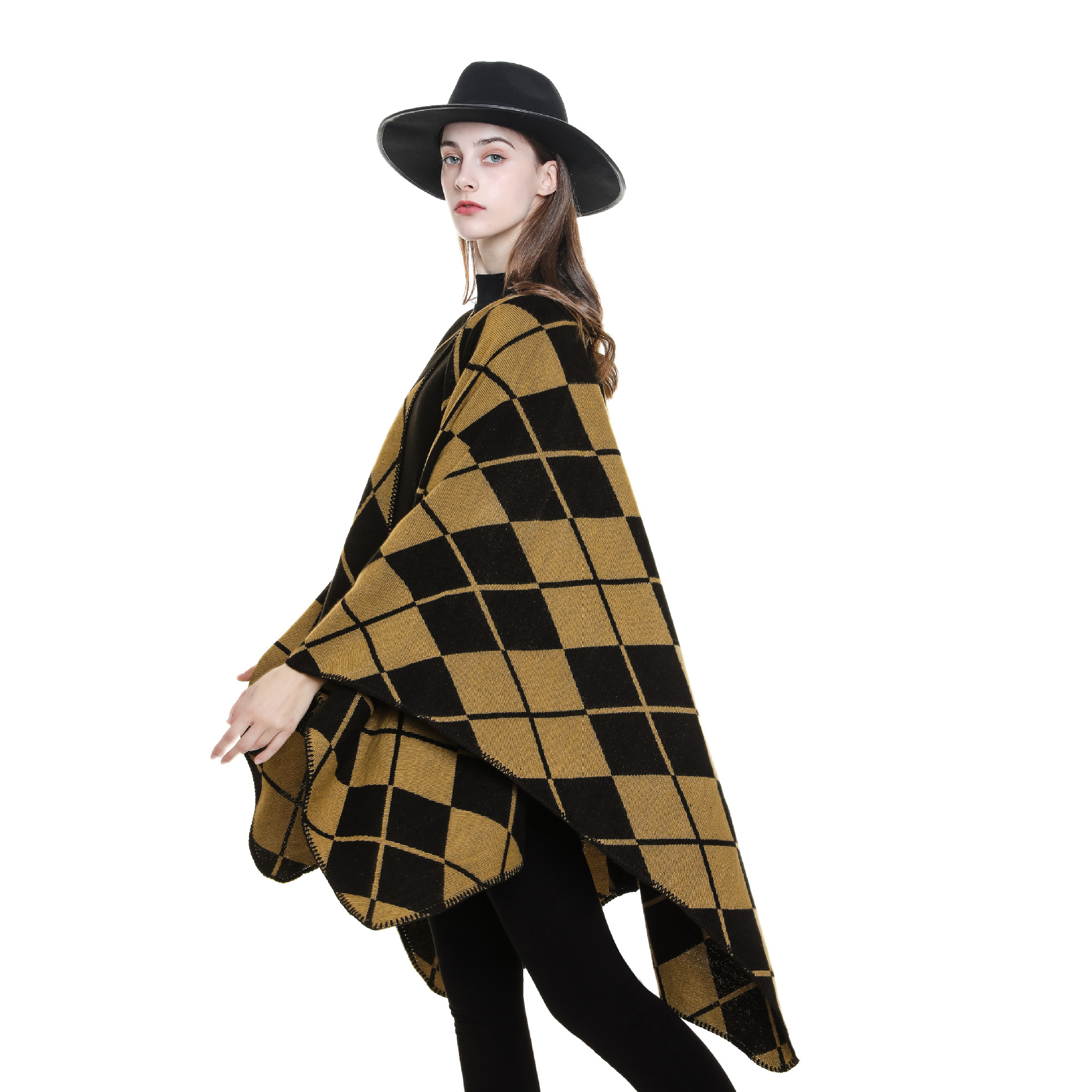 Cachemira-como caliente prendas de vestir exteriores gran mantón de las mujeres a cuadros de moda europea y americana capa retro color a juego split nuevo chal