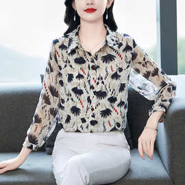 批发2026年春夏新款九分袖衬衫印花宽松真丝上衣妈妈气质衬衣