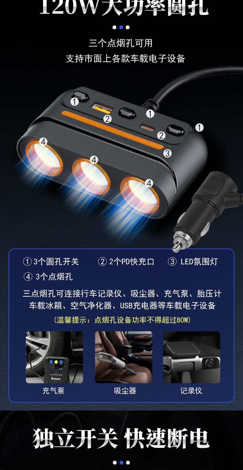 120W High-Power Car Charger with One-To-Three Expansion Port Adapter, High-Power Car Cigarette Lighter