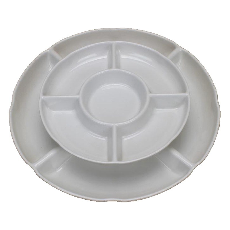 Plato de salmuera de cinco compartimentos para dulces, vajilla redonda, plato de filete de melamina, compartimento de fruta blanca, plato de plástico para aperitivos TKV