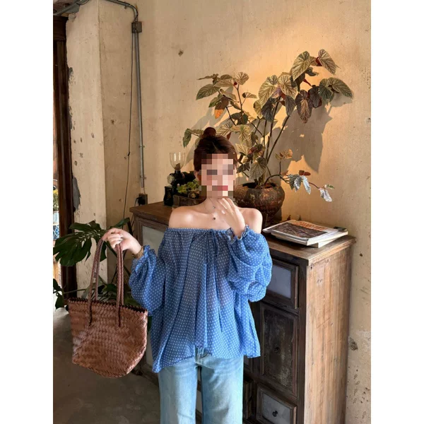 One-Shoulder Polka-Dot Bow Long-Sleeved Chiffon Shirt for Women 2026 Summer New Style High-End Loose Puff-Sleeved Top
