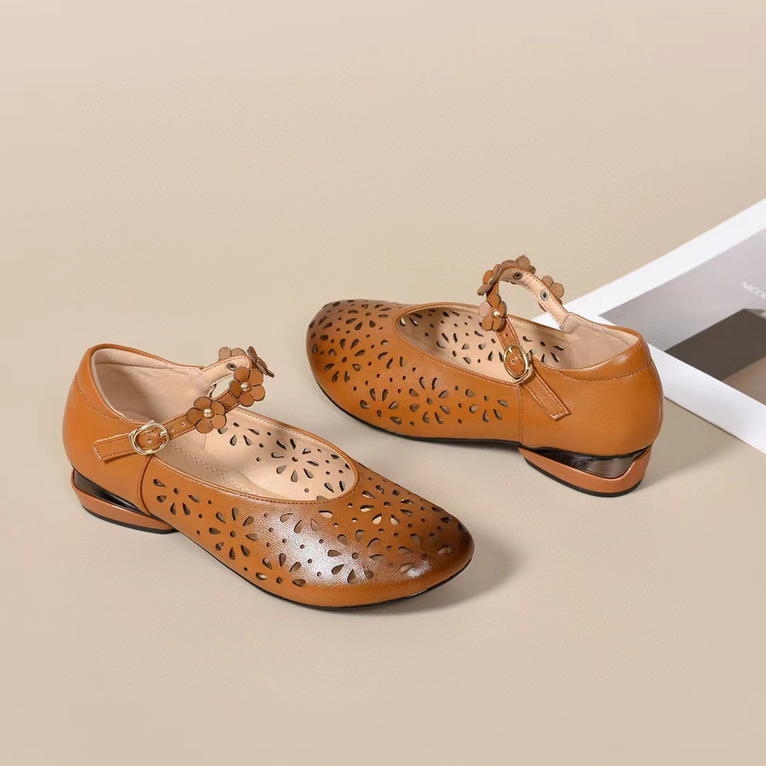 Sandal nữ da thật mũi tròn gót vuông quai ngang phong cách retro — đen chi tiết 9