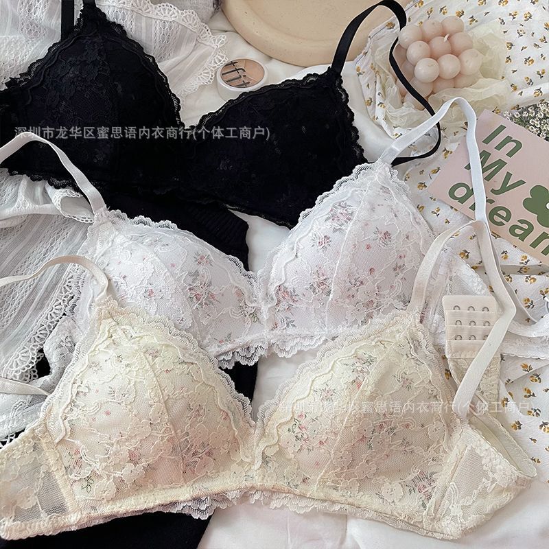 Romantic Pastoral Floral French-Style Triangle Cup Lingerie Set for Young Women, Small Bust Push-Up, Wireless, Sexy Lace Bra Set Romantic Pastoral Floral French-Style Triangle Cup Lingerie Set for Young Women, Small Bust Push-Up, Wireless, Sexy Lace Bra Set