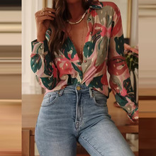 外贸wish速卖通女装秋冬宽松休闲度假衬衣气质长袖印花翻领衬衫女