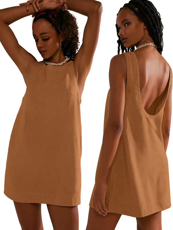2024 ヨーロッパとアメリカの夏の新しいクロスボーダー Amazon 婦人服コットンとリネンのベストバックレスソリッドカラーミニドレスマルチカラー|undefined