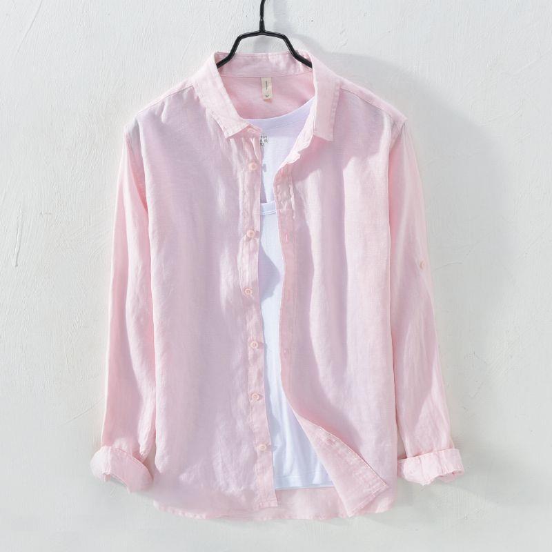 Camisa de lino de manga larga blanca transpirable en la playa Camisa de lino de algodón y lino delgada delgada informal para hombre