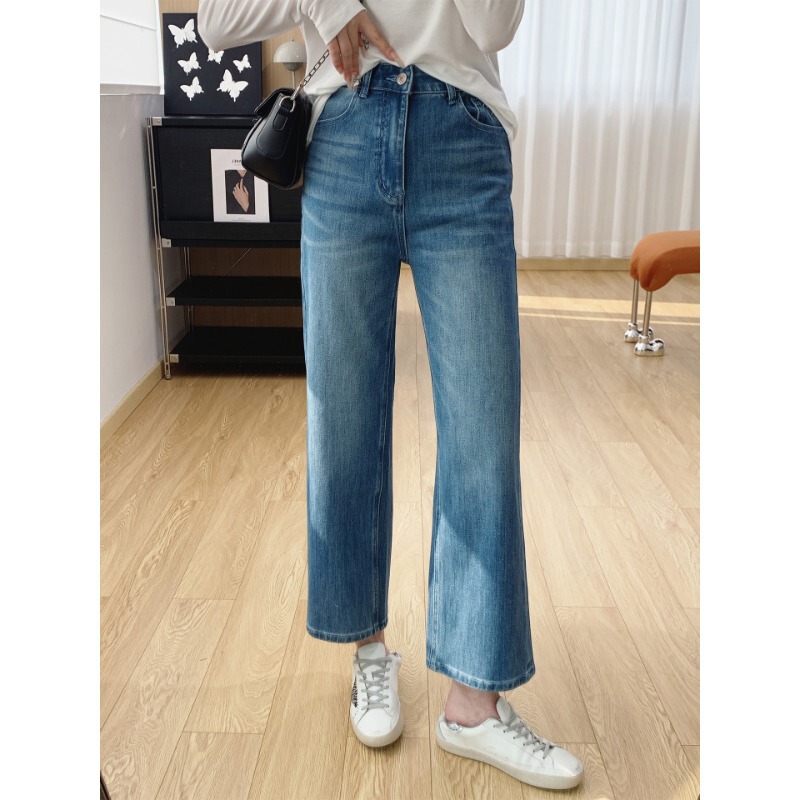 Straight-Leg Goddess! Love-Themed Cropped Straight-Leg Jeans for Women, 2026 New Versatile High-Waisted Stretch Baguette Pants for Women
