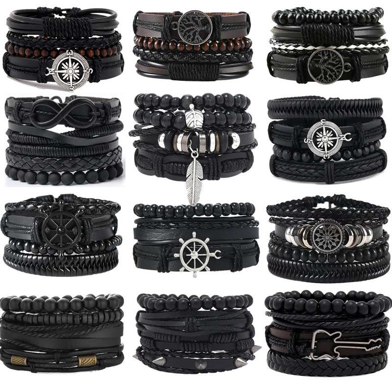 Cross-Border Men's Popular Woven Combination Set Leather Bracelet and Wristband, Trendy DIY Bracelet and Wristband in Europe and America