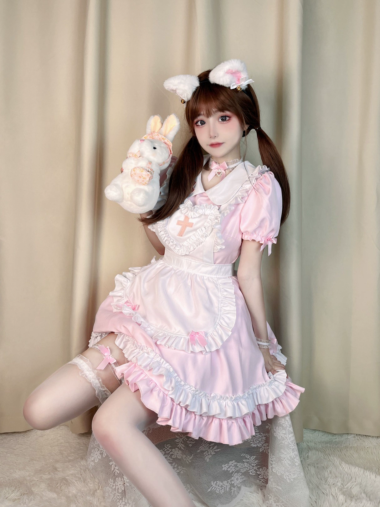 Короткое платье-Lolita набор, японский сливочно-кавайный косплей, фартук и головной убор, размеры S–XL