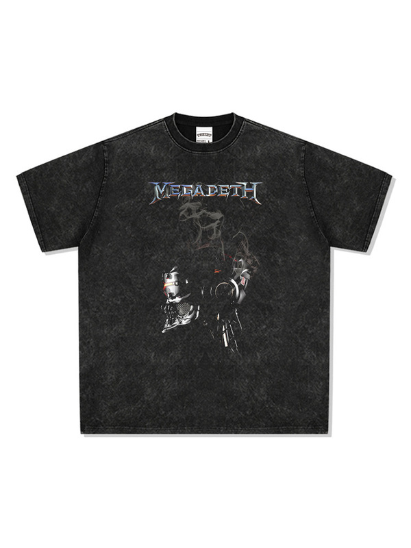 2022 New Short-Sleeved T-Shirt Rock Band Megadeth Hip-Hop Retro Washed and Distressed Mechanical Head