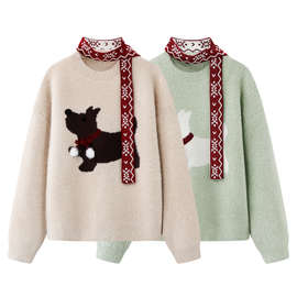 外贸女装2025秋冬新款费尔岛毛绒宽松圣诞飘带卡通图案针织衫毛衣