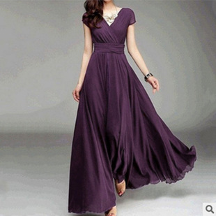 eBay AliExpress Amazon European and American Explosions V-Neck Short Sleeve Bohemian Chiffon Tight Waist Dress Dress