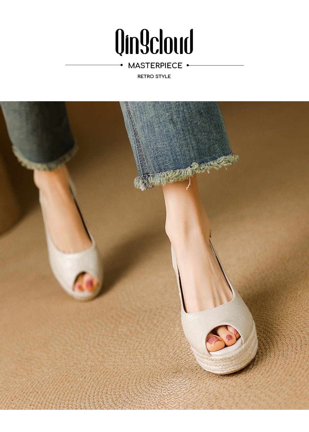 Sandal cao gót nữ hở mũi quai ngang đế xuồng đan rơm — màu trắng ngà, màu vàng chi tiết 1