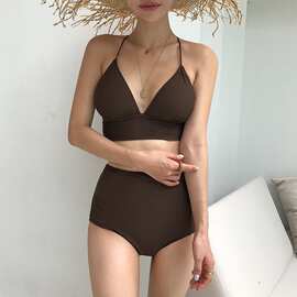 厂家批发韩国性感时尚 简约纯色高腰分体泳衣女 泡温泉泳装比基尼