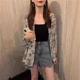 复古港味防晒衬衫外套女夏慵懒风宽松薄款胖mm长袖雪纺衬衣中长款