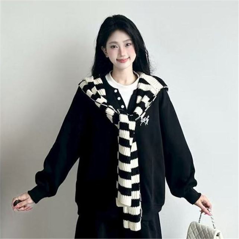 灰色带披肩长袖卫衣女套装2025秋冬新款慵懒宽松休闲运动三件套潮|undefined