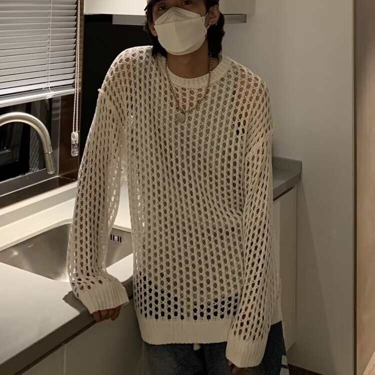 Summer Knitwear Men's Trendy Brand Cut Out Fishnet Design Anti-Sun Blouse Trendy Long-Sleeved Knitwear Bottoming Shirt
