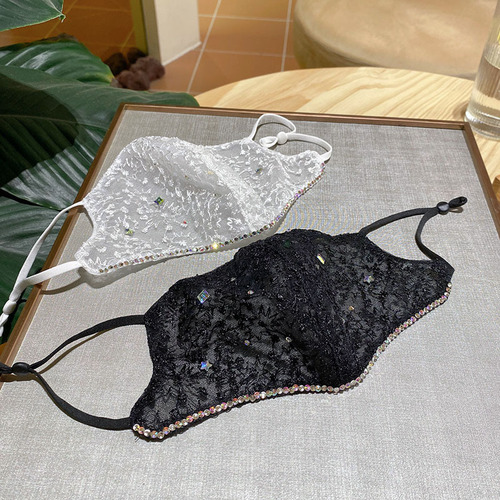 B2509 Summer New Lace Net Dustproof Fashion Versatile Diamond Decorated Breathable Sun Protection Face Mask for Women