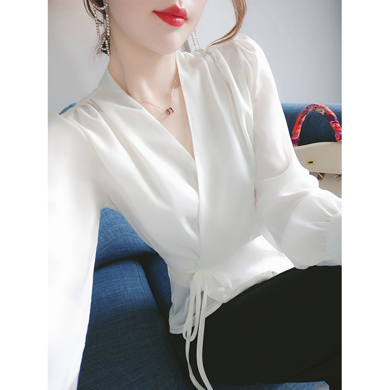 尚维洛白色衬衫女2022年新款收腰系带洋气小衫v领上衣气质雪纺衫