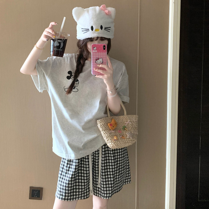 Dibujos animados Hellokitty pijamas estampados mujer 2025 nuevo verano algodón de manga corta pantalones cortos traje de servicio a domicilio