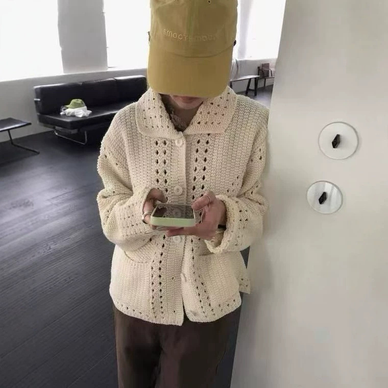 Polo collar, chunky knit, openwork sweater coat for women, new autumn/winter style, simple Korean design, slimming effect, gentle knitwear, new arrival Polo collar, chunky knit, openwork sweater coat for women, new autumn/winter style, simple Korean design, slimming effect, gentle knitwear, new arrival
