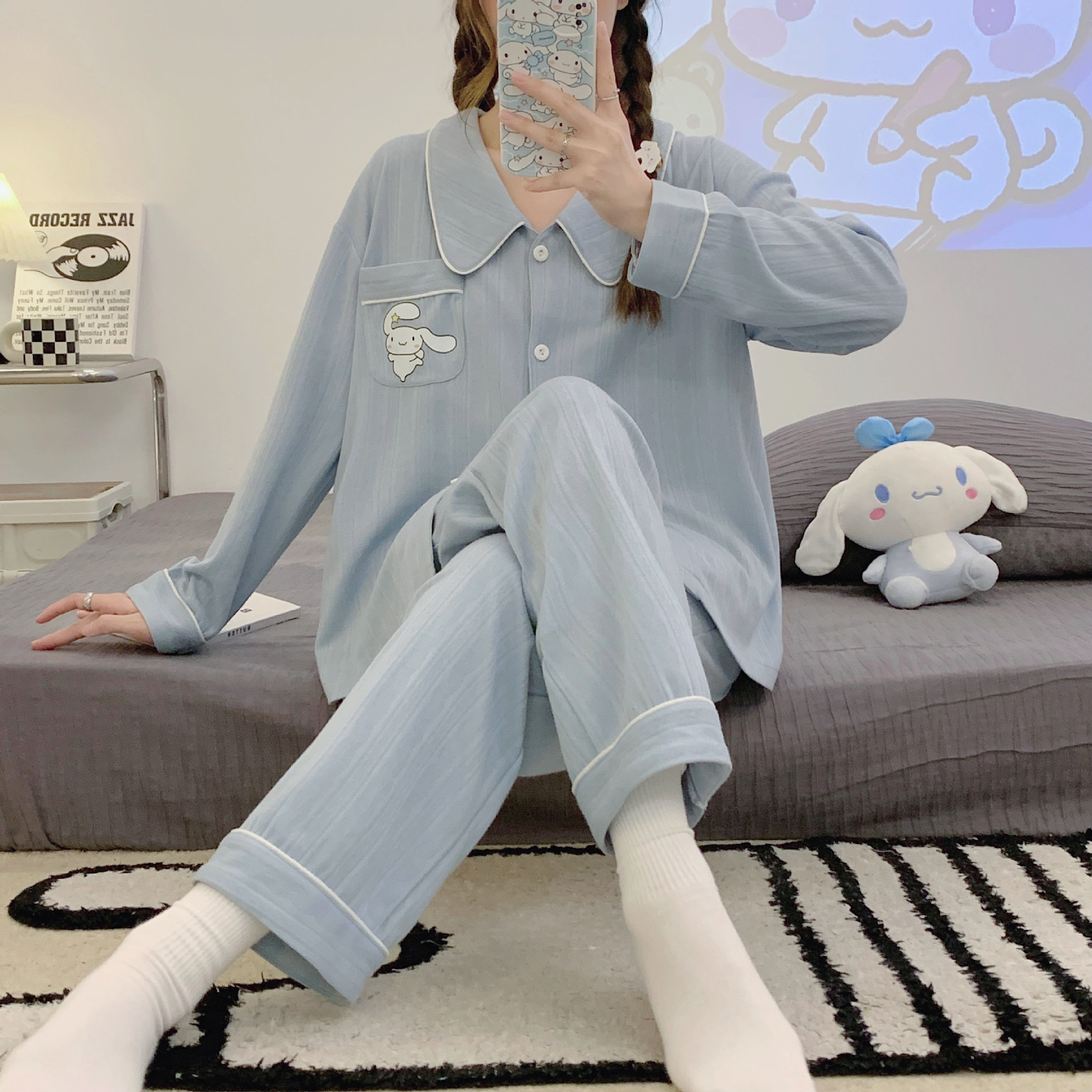 Internet Celebrity pijamas azules de alto grado algodón jacquard peinado de las mujeres Otoño e Invierno de manga larga cardigan linda chica dulce traje de desgaste para el hogar