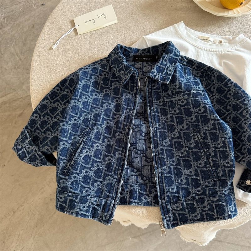Cross-border children's outerwear 2026 spring Korean style new arrival boys and girls jacquard denim zip-up sweater baby casual turn-down collar