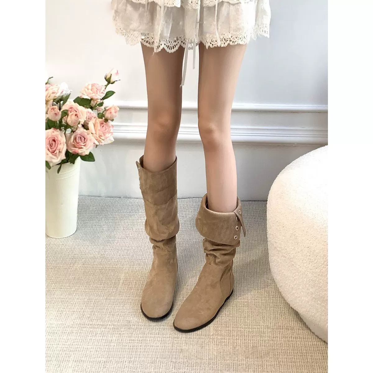 绒面长筒靴平底圆头两穿显瘦西部牛仔靴复古骑士靴女