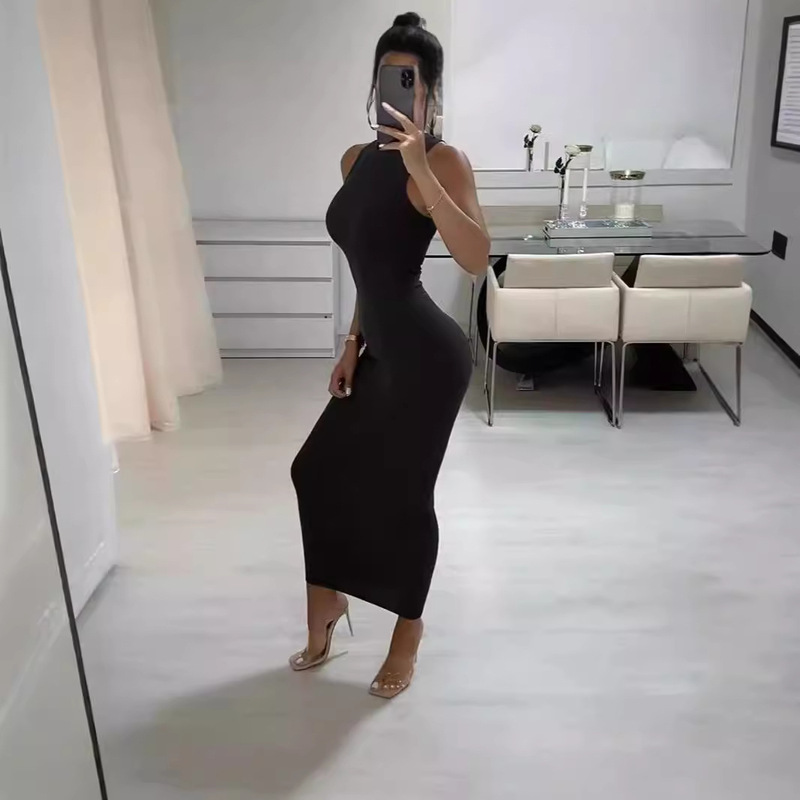 2024om Foreign Trade Women's Solid Color Bag Hip Slim-fit Sleeveless High Elastic Round Neck Thread Casual Sexy dress Trendy