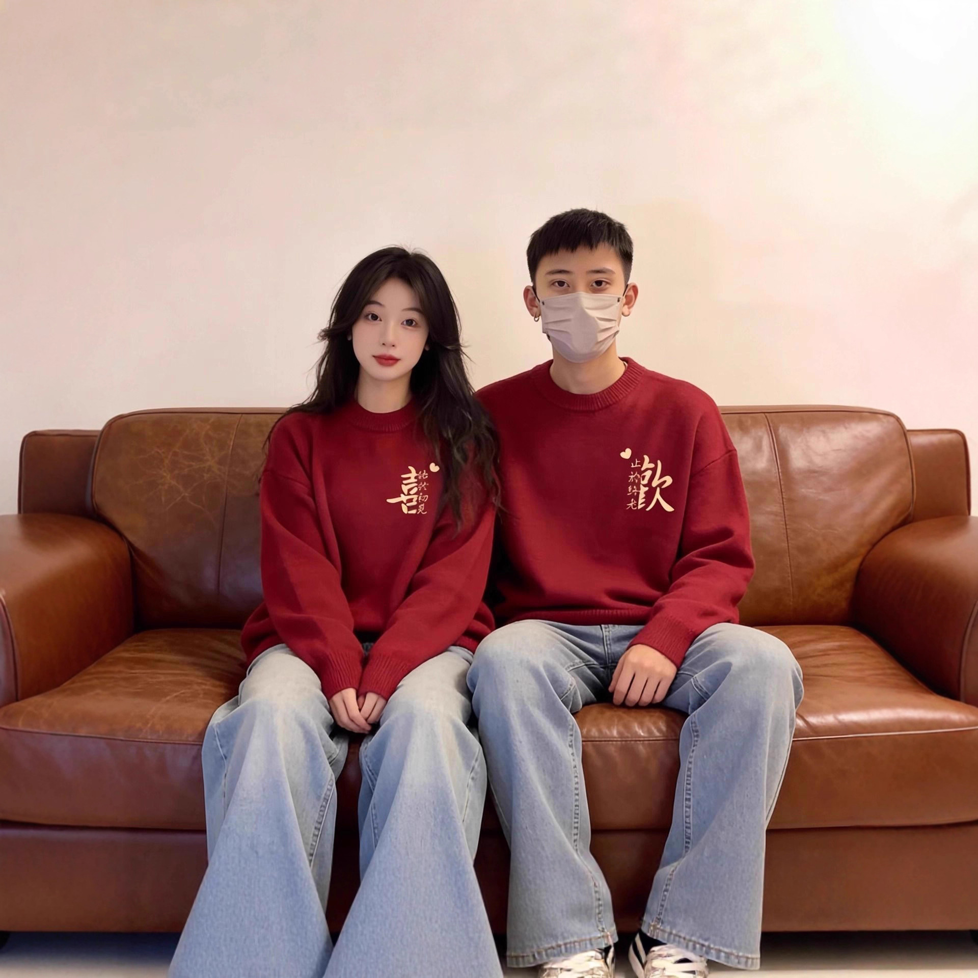 情侣装男女大红毛衣刺绣毛衣酒红色过年红色简约节日氛围感毛衣
